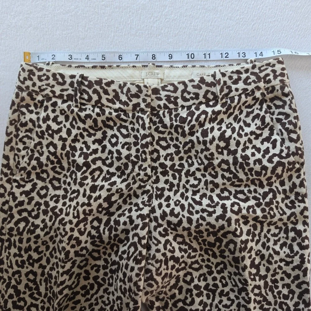 J. Crew Cafe Capri Leopard Print 100% Linen Pants Brown Tan Women Size 2